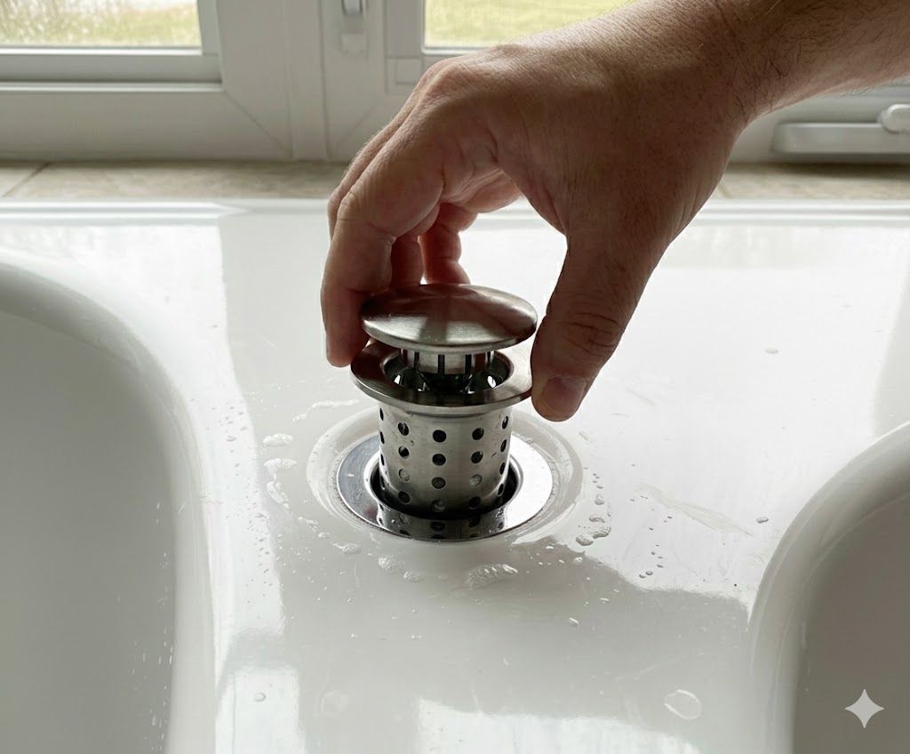 Hand placing the TubStep into a bathtub drain